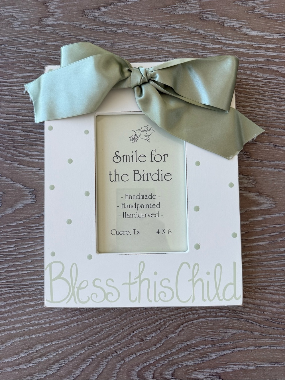 "Bless this Child" White Frame with Sage Bow